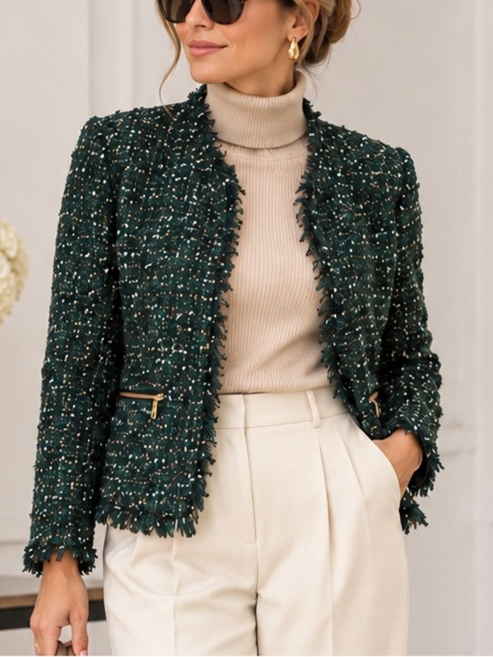 CHICOS Tweed Open Front Jacket Emerald Green / Metallic Flecks NWT size 16 (3)